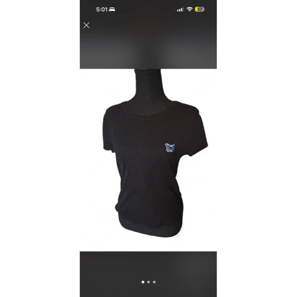 Black Short Sleeve Crop Top with Blue Butterfly Patch - Size XL